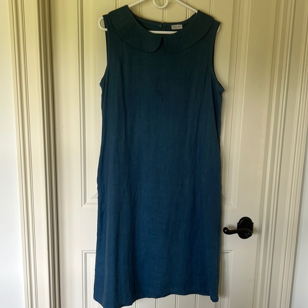 Linen dress with Peter Pan collar by Linen Sea size L w/ pockets